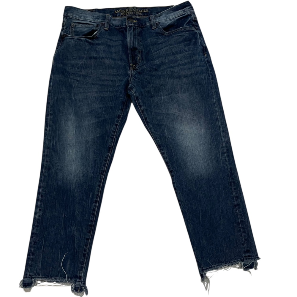American Eagle made‎ to last Slim Crop whiskering frayed hem blue jeans 36